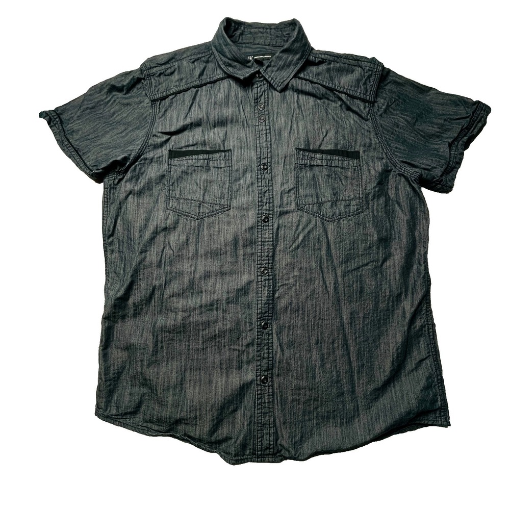 INC International Concepts Mens XL Gray Snap Front Short Sleeve Shirt DARK BLUE